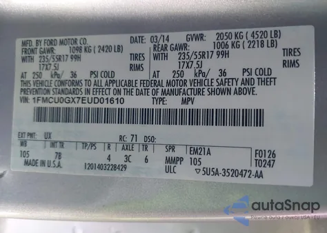 2014 Ford Escape Se z USA, uszkodzony, nr VIN 1FMCU0GX7EUD01610